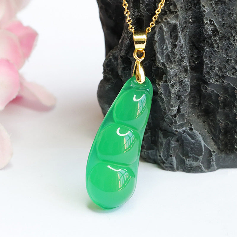 Golden Necklace with Natural Green Chalcedony Pendant