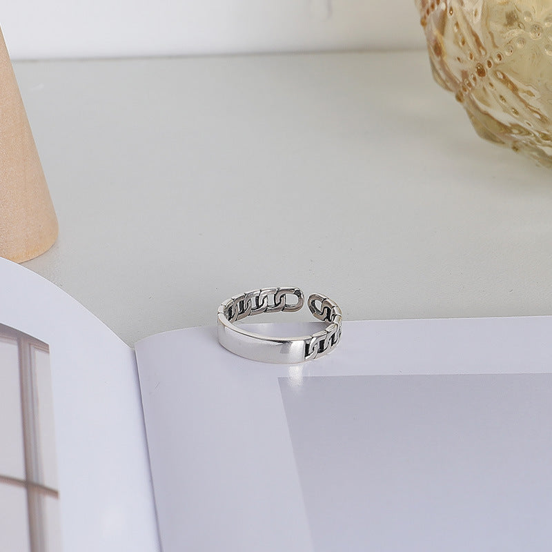 Smooth Bar Design Chain Opening Sterling Silver Ring