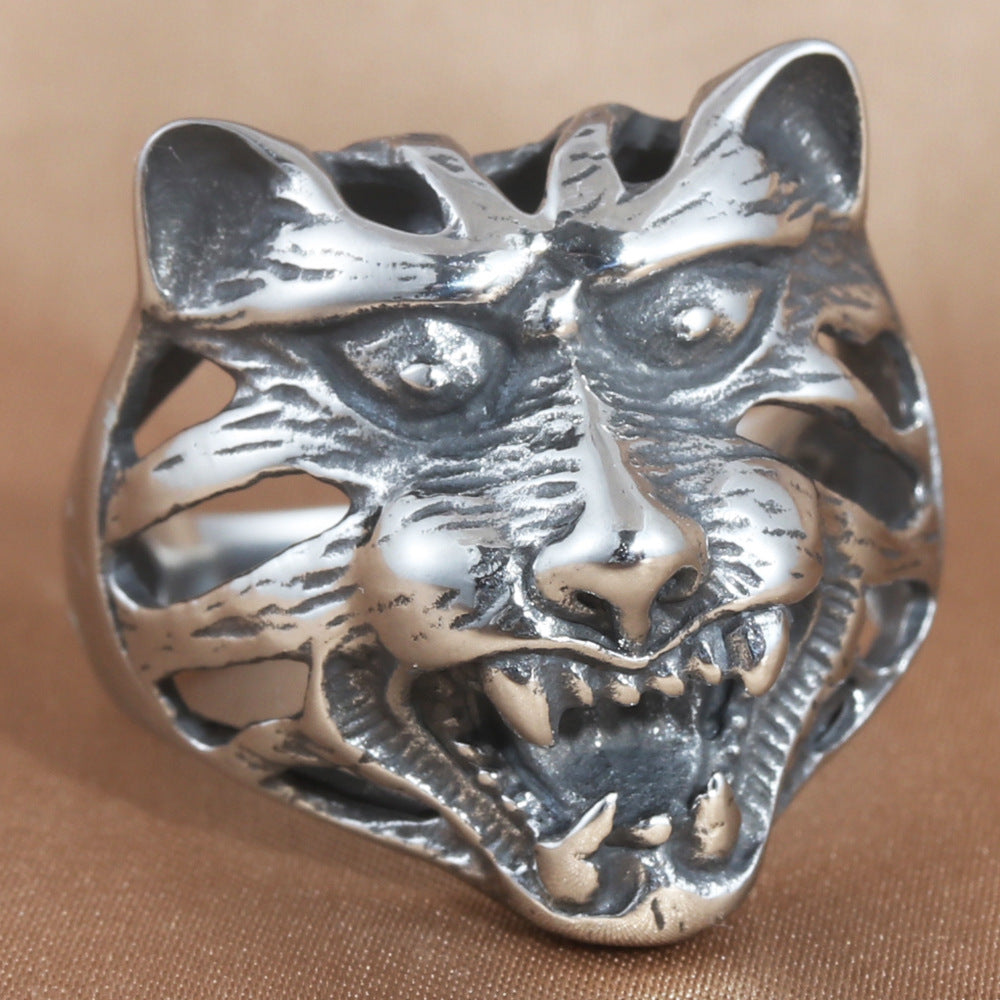 Titanium Steel Hollow Wolf Ring - Retro Trendy Men's Accessory in European and American Style