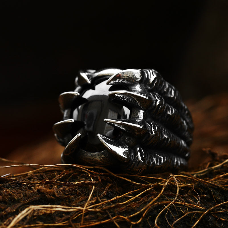 Titanium Steel Dragon Claw Ring with Stone Inlay – Retro European and American Design for Men