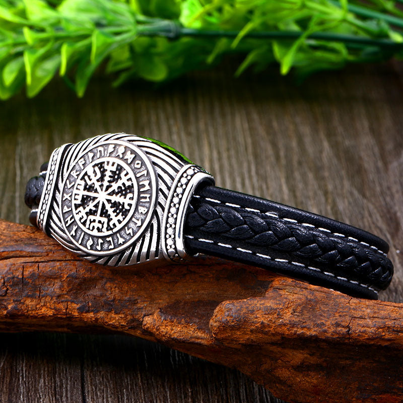 Odin's Triangular Letter Leather Bracelet - Retro Stainless Steel Viking Jewelry for Men