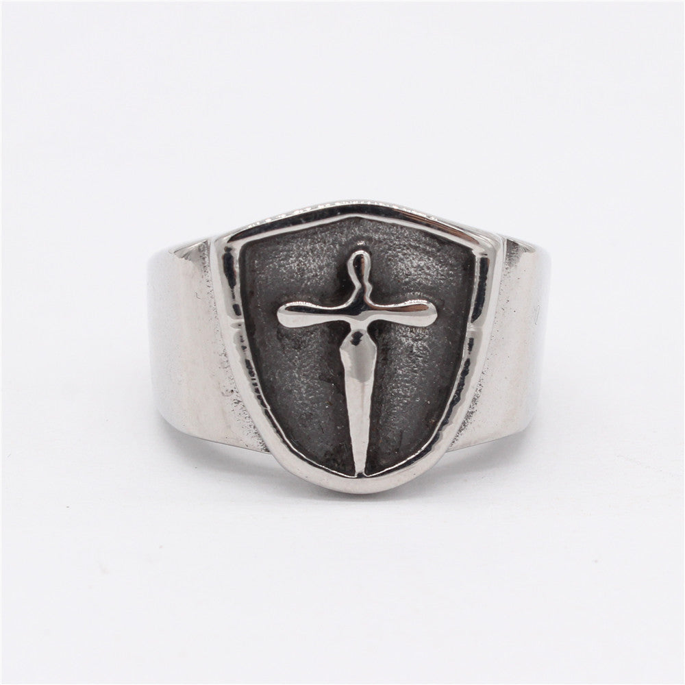 Crucifix Shield Polished Titanium Steel Ring for Men