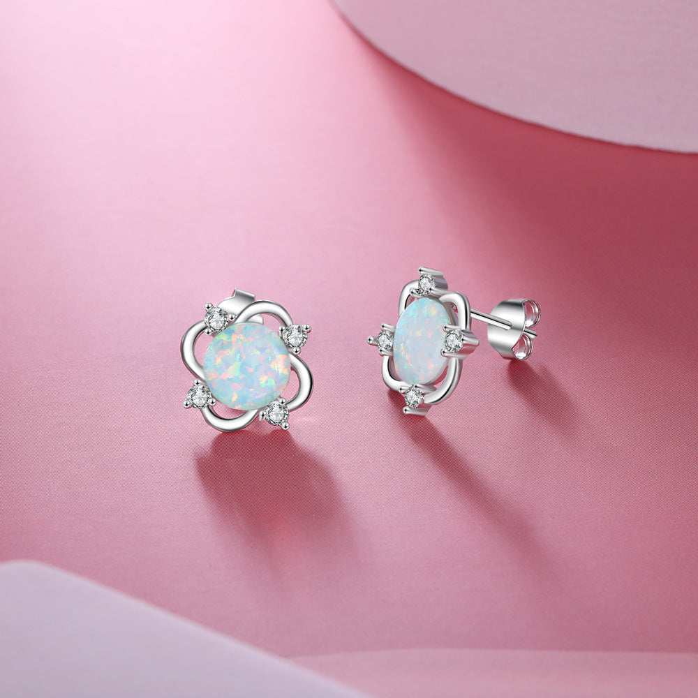 Round Opal Small Zircon Flower Sterling Silver Stud Earrings