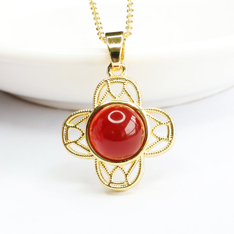 Red Agate Hollow Clover Pendant Necklace Jewelry With Sterling Silver Chain