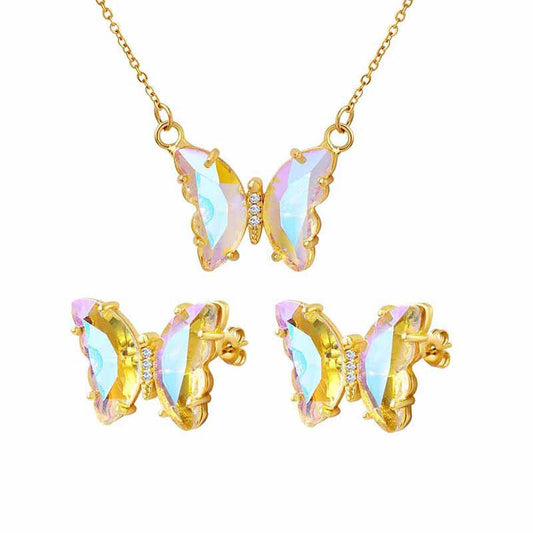 Seven Colored Glass Sparkling Butterfly Necklace and Earrings Set, Timeless Elegance with Enduring Charm