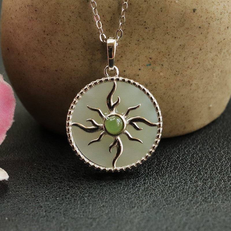 S925 Silver Natural Hotan Jade Pendant Round Pendant Sun Necklace Jewelry