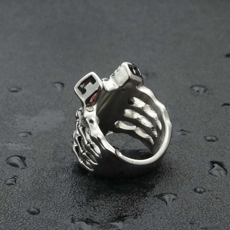 Punk-Inspired Titanium Steel Skull Ring for Men - Vintage Tribal Skeleton Design