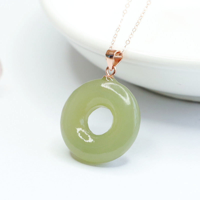 Natural Hetian Jade Lake Green Jade Sterling Silver Necklace with Hollow Circle