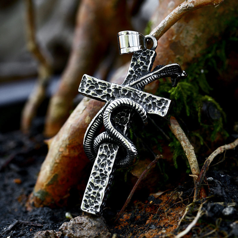 Vintage Nordic Titanium Steel Cross Snake Pendant for Men - Wholesale Stainless Steel Python Jewelry