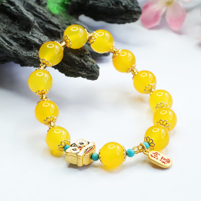 Golden Chalcedony Bracelet with Lion Head and Blessing Brand