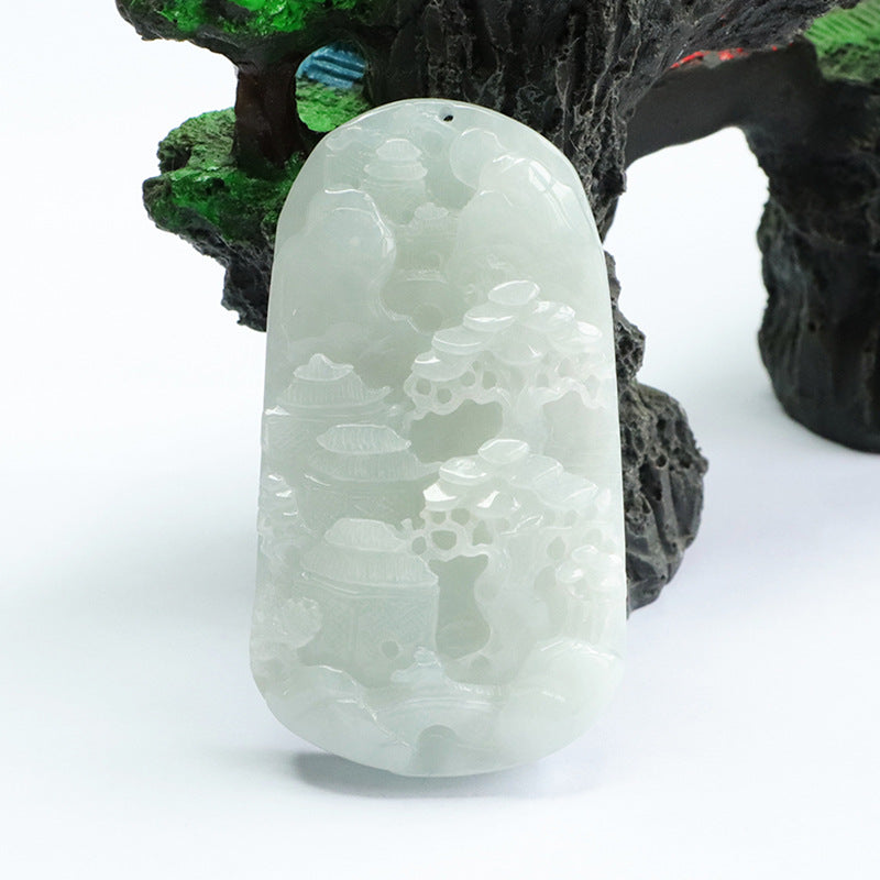 High-tech Fine Carved A Grade Myanmar Jade Pendant Landscape by Planderful Collection