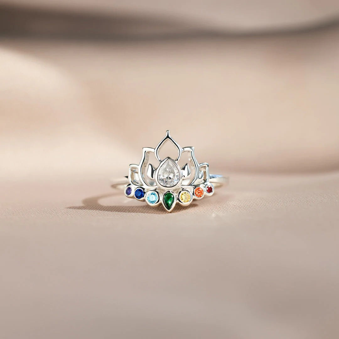 Hollow Lotus Colourful Zircon Sterling Silver Ring