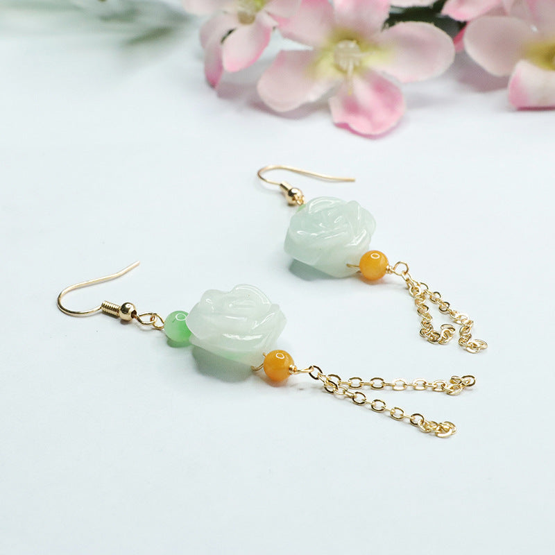 Jade Flower Tassel Earrings with Sterling Silver Ear Hooks