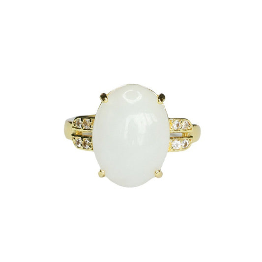 Elegant White Jade Sterling Silver Ring with Four Prongs