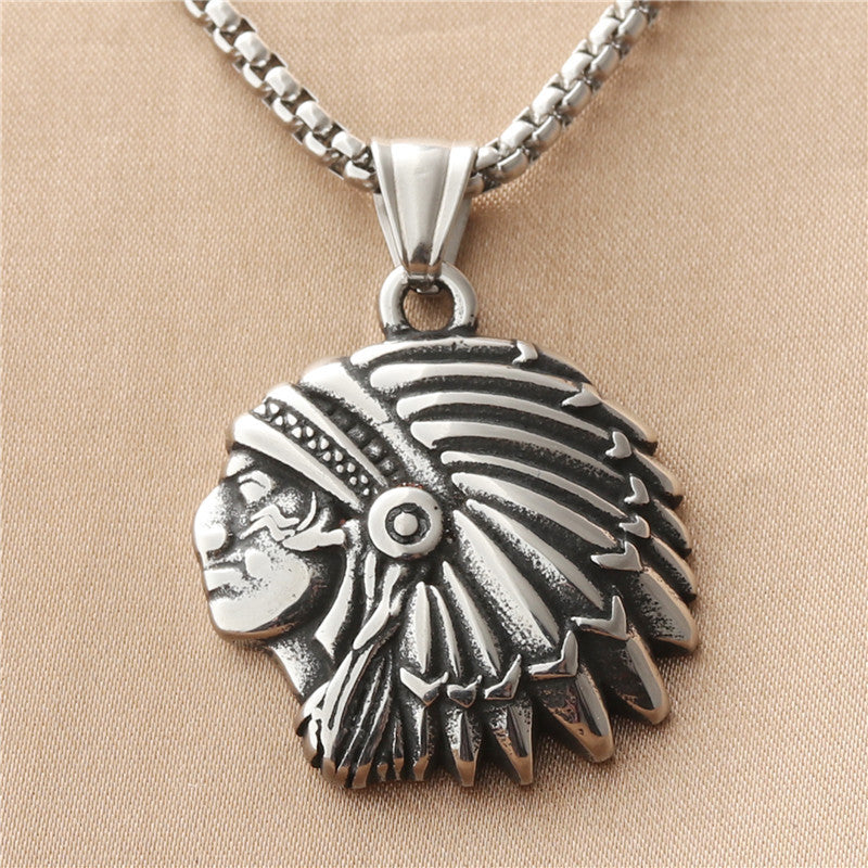 Vintage Punk Titanium Steel Indian Pendant Necklace for Men