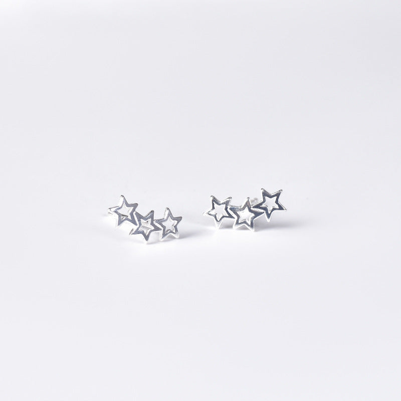 Row of Three Hollow Stars Sterling Silver Stud Earrings