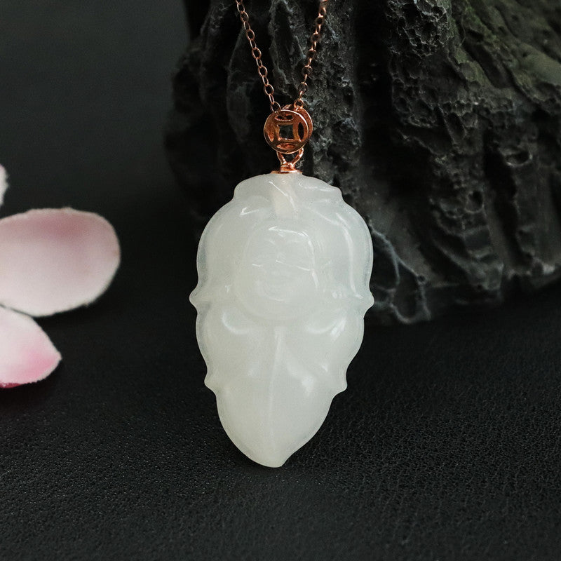 White Jade Leaf Buddha Necklace crafted from Sterling Silver and Natural Hetian Jade