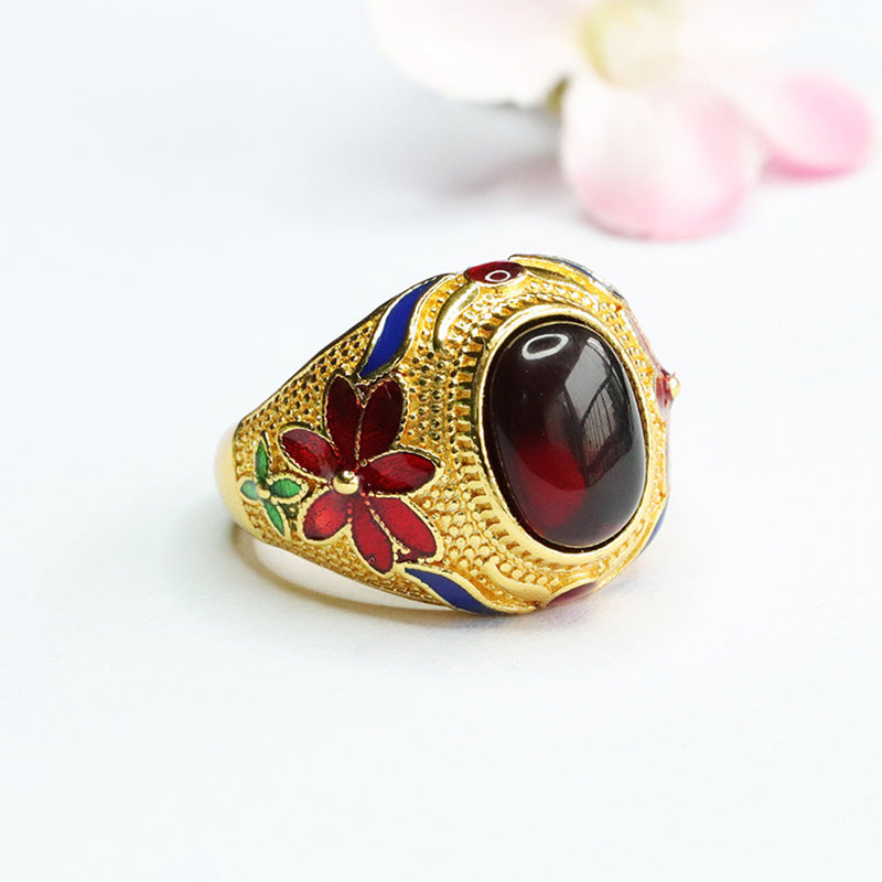 Blood Amber Flower Sterling Silver Ring