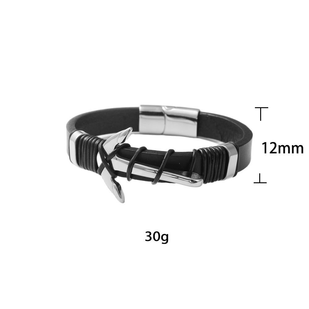 Titanium Steel Nautical Hook Leather Bracelet for Men – Edgy Woven Design