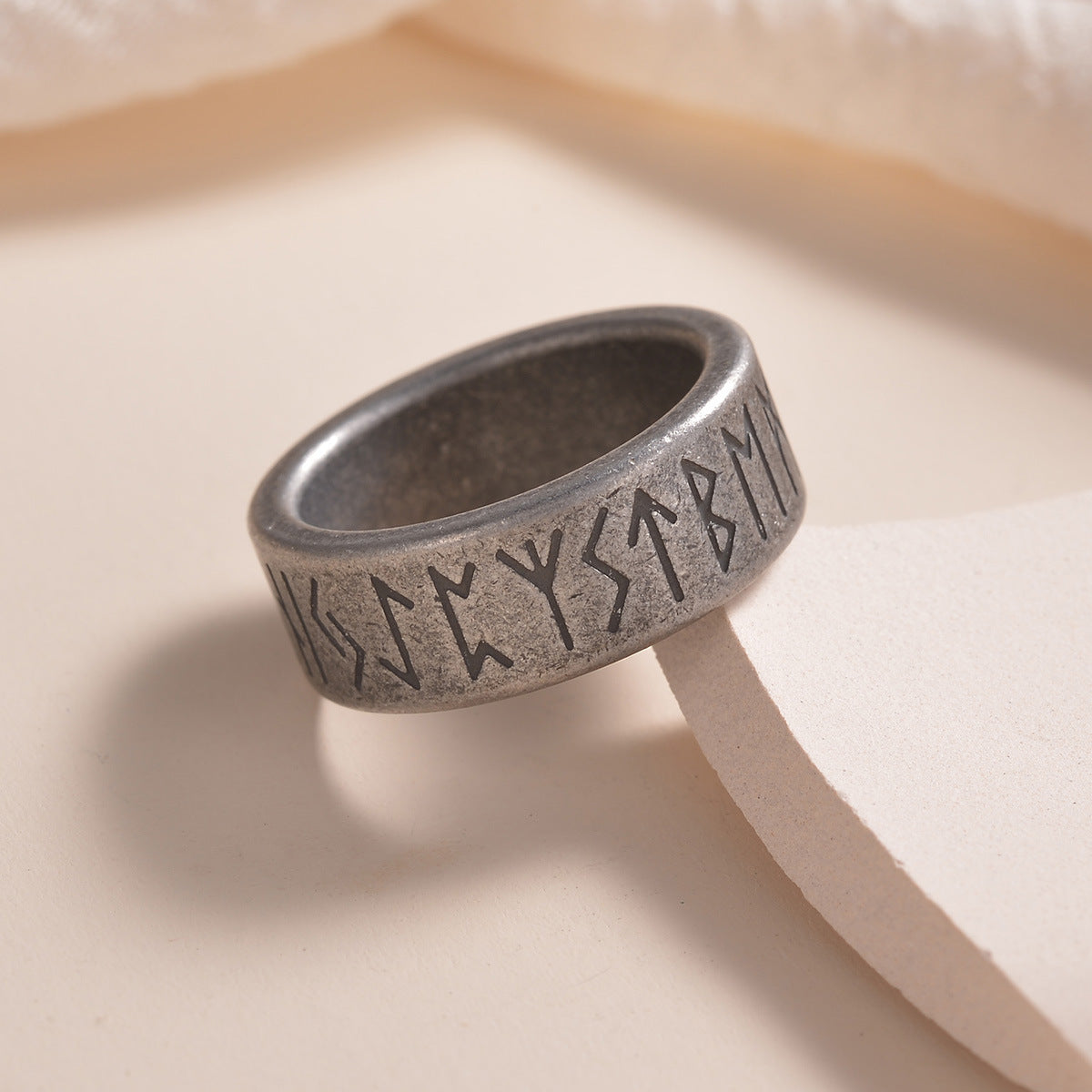 Nordic Viking Rune Titanium Steel Men's Ring - Ancient Silver Finish