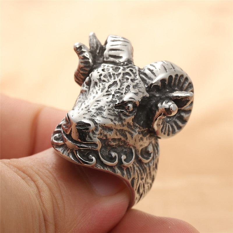 Titanium Steel Animal Ram Ring - Retro Trendy Men's Accessory in Stainless Steel