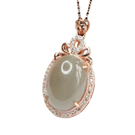 Sterling Silver Necklace with Hotan Jade and Zircon Gemstone