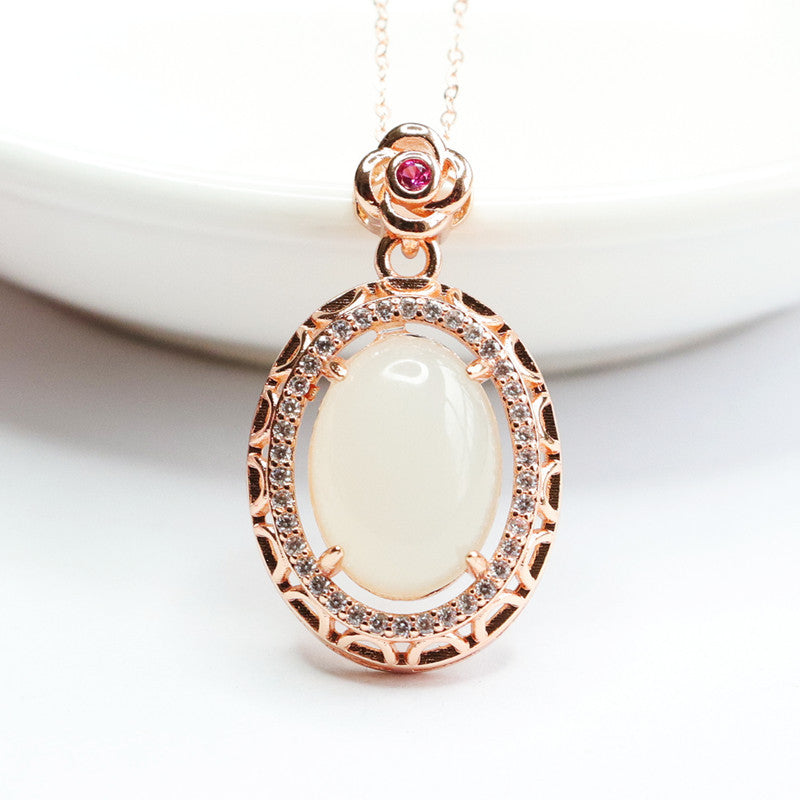 Halo Rose Zircon White Jade Oval Necklace crafted with Hetian Jade