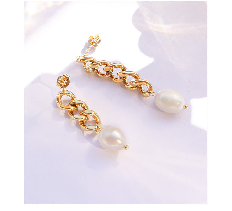 Freshwater Pearl Asymmetric Chain Earrings - Titanium Autumn/Winter Jewelry