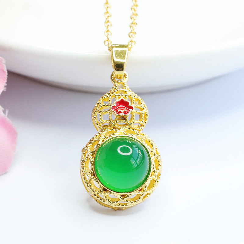 Emperor Green Chalcedony Gourd Pendant with Sterling Silver Ethnic Charm