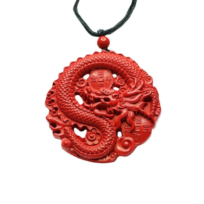 Cinnabar Hollow Dragon Pendant, Red Sand Round Pendant Jewelry