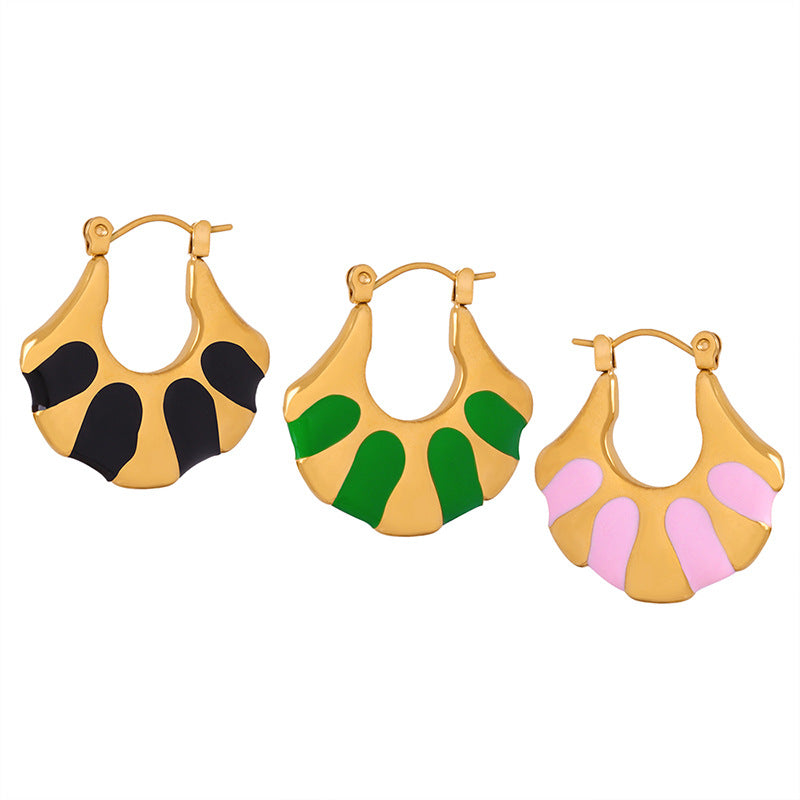 Golden Fan-shaped Enamel Earrings - Exquisite High-End Design for Stylish Women