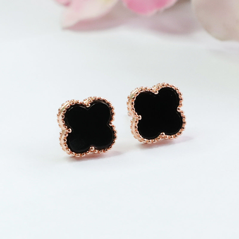 Sterling Silver Black Agate Clover Stud Earrings