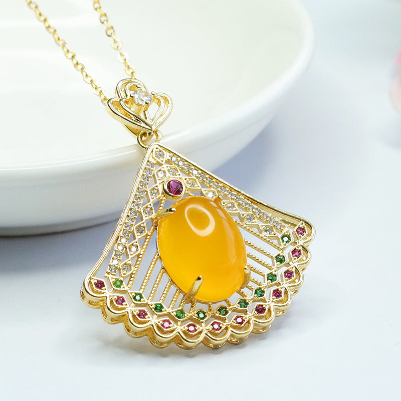 Oval Yellow Chalcedony Hollow Peacock Open Screen Female Zircon Pendant