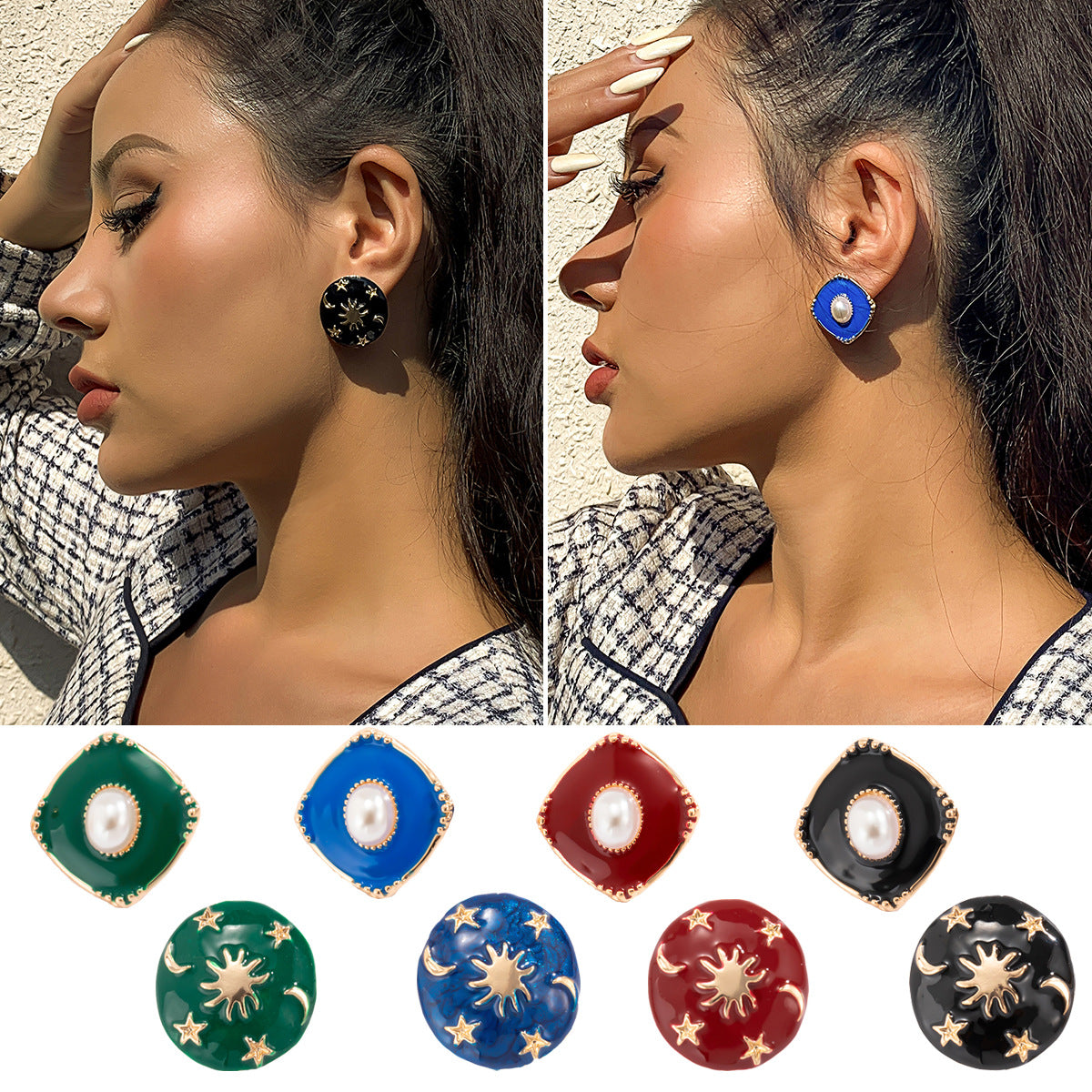 Customized European and American Jewelry, Unique Ethnic Metal Earrings with Oil Drip Detail, Star-Shaped Faux Pearl Earrings for Women