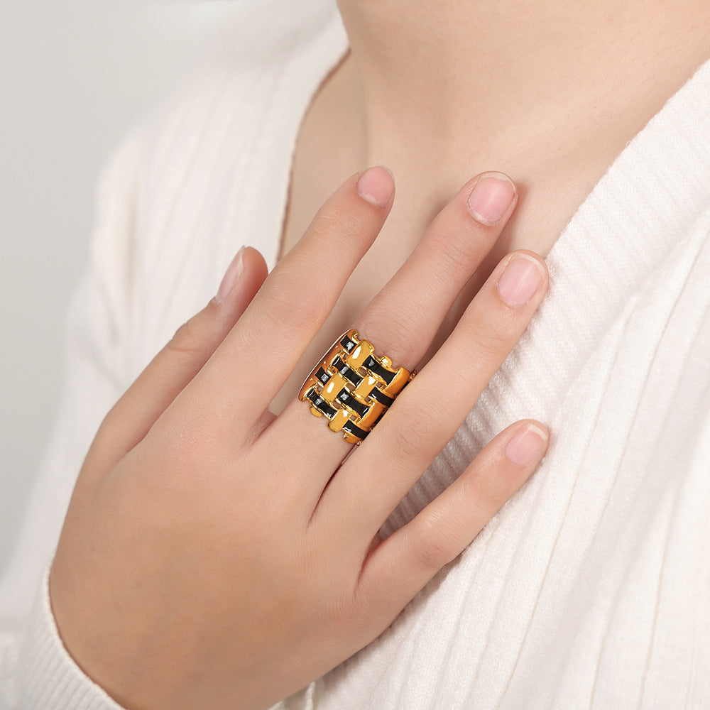 Golden Enamel Woven Ring - Women's Titanium Steel Jewelry