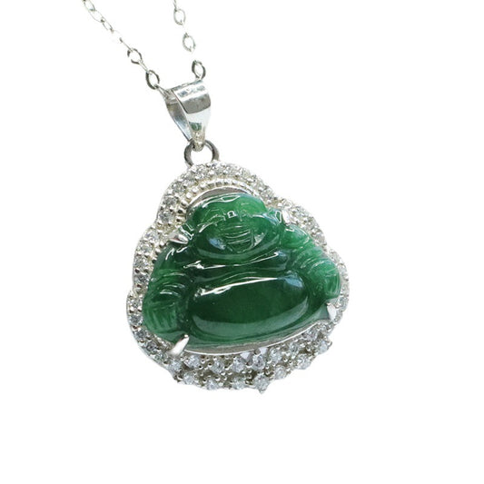 Green Jade Buddha Necklace with Zircon Accents