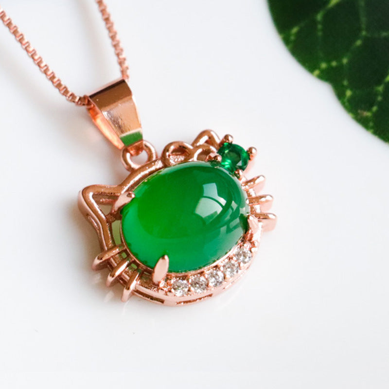 Green Chalcedony Zircon Rose Gold Cat Pendant with Ice Accents