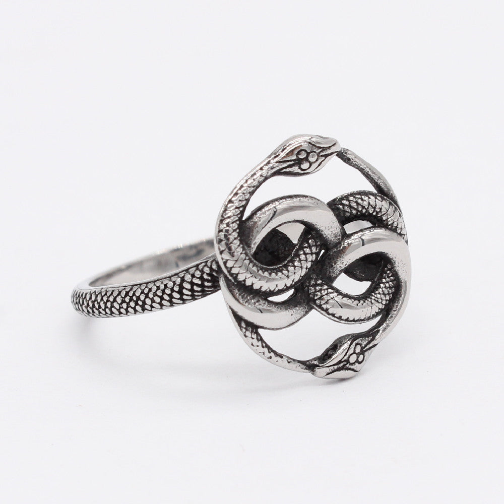 Entangled Double Ouroboros Snakes Titanium Steel Ring for Men