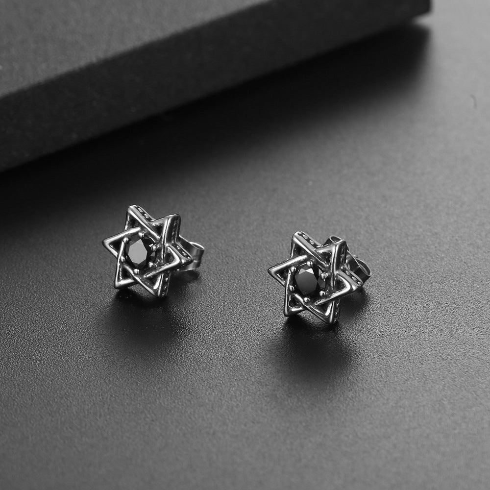 Retro-Inspired Titanium Steel Hexagram Earrings with Zircon Inlay for Men