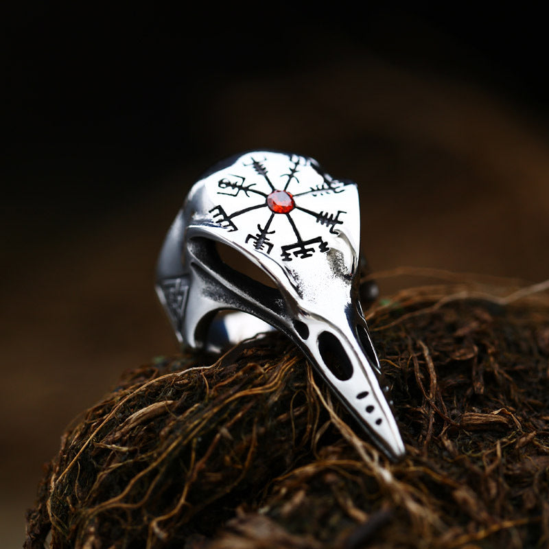 Viking Raven Gemstone-Inlaid Titanium Steel Men's Ring - Retro Compass Design for Everyday Wear