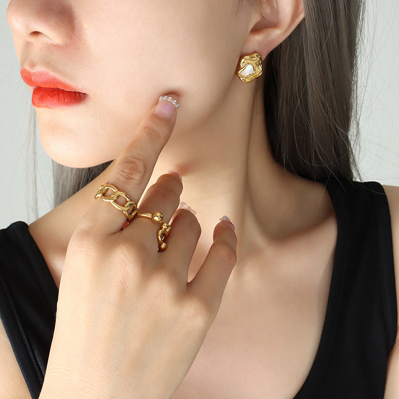 Korean Shell Inlaid Geometric Earrings - Titanium Steel & 18K Gold Plated