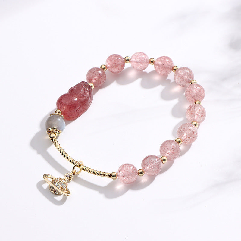 Strawberry Crystal Pixiu Bracelet - Sterling Silver, Female Skill, Peach Blossom Design