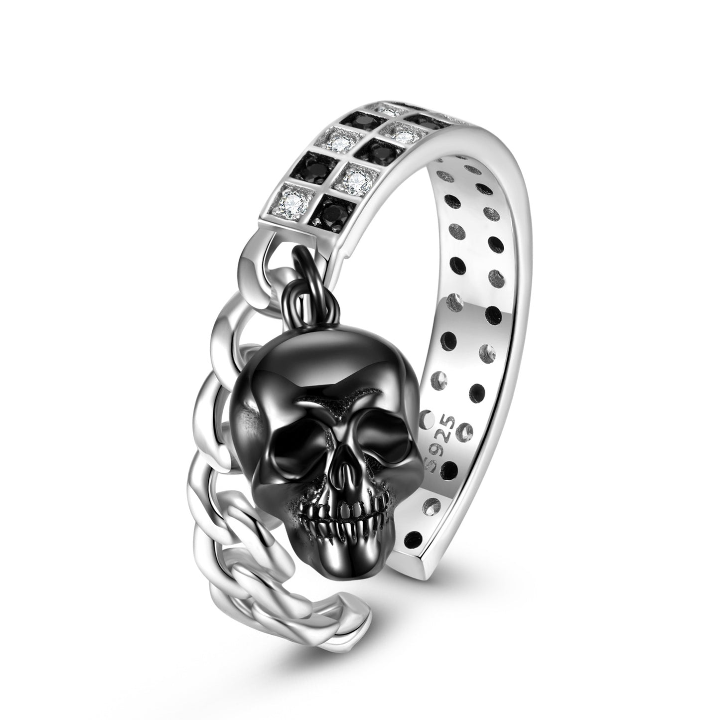 Halloween Skull Mosaic Zircon Opening Silver Ring