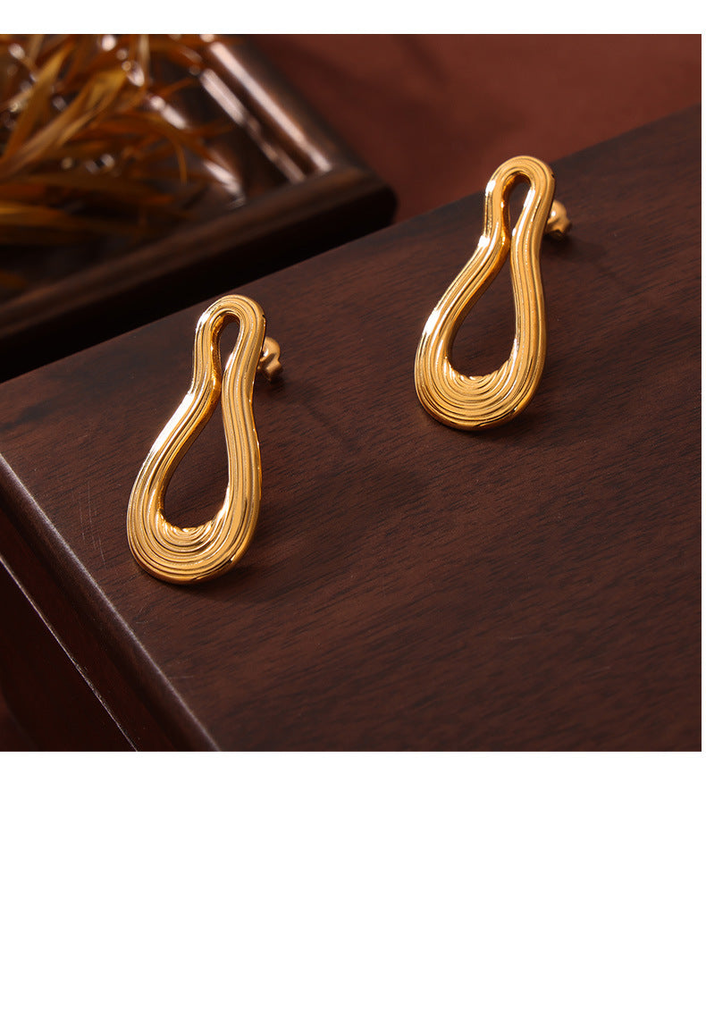 18k Gold Plated Titanium Steel Earrings with Multi-layer Line Texture Splicing Design