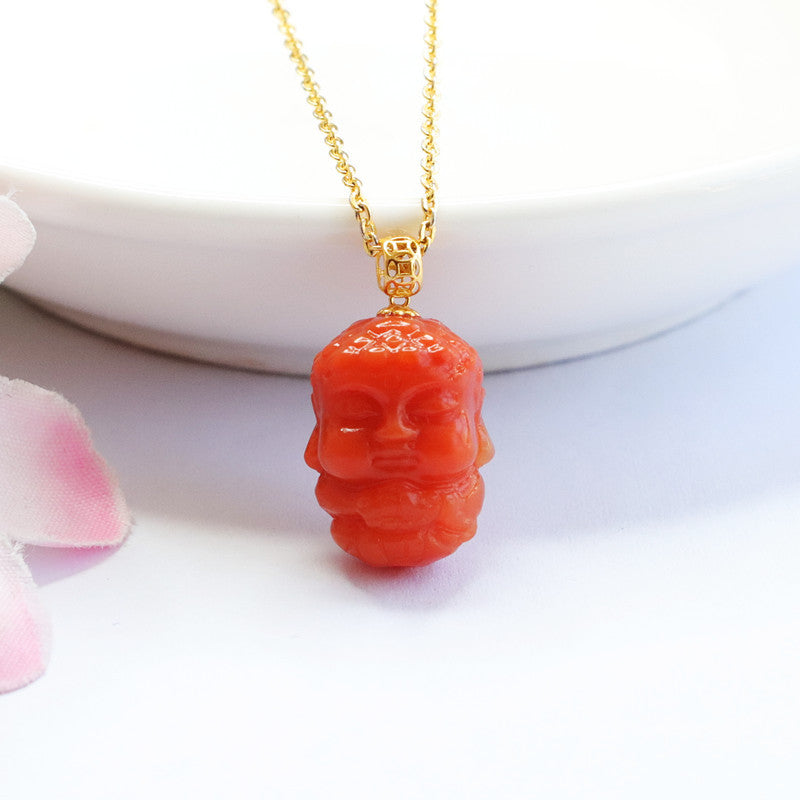 Red Agate Baby Buddha Necklace with Sterling Silver Needle