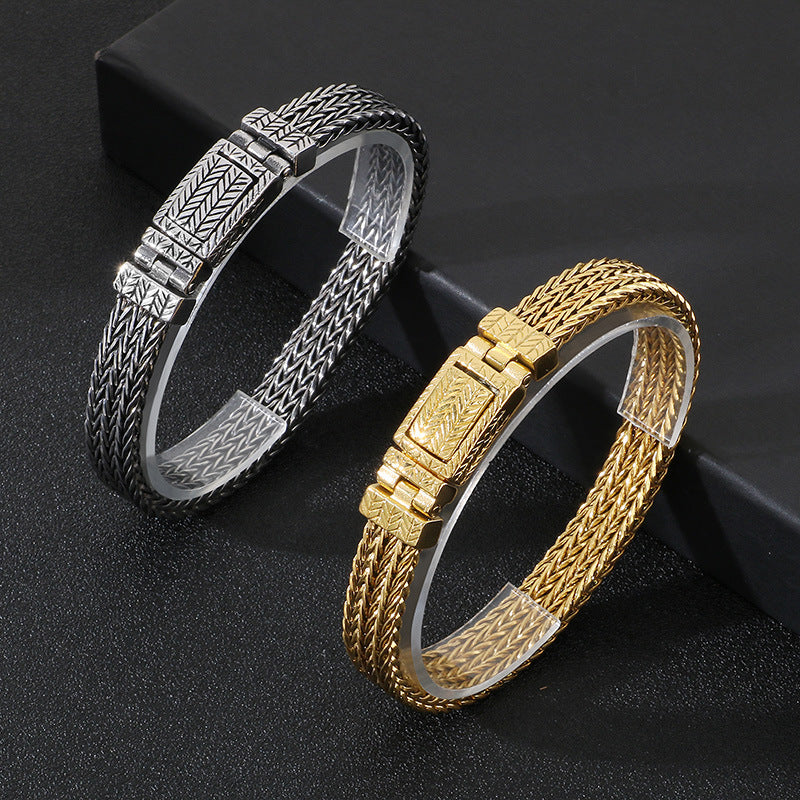 Stylish Punk-Inspired Stainless Steel Wheat Pattern Bracelet for Men