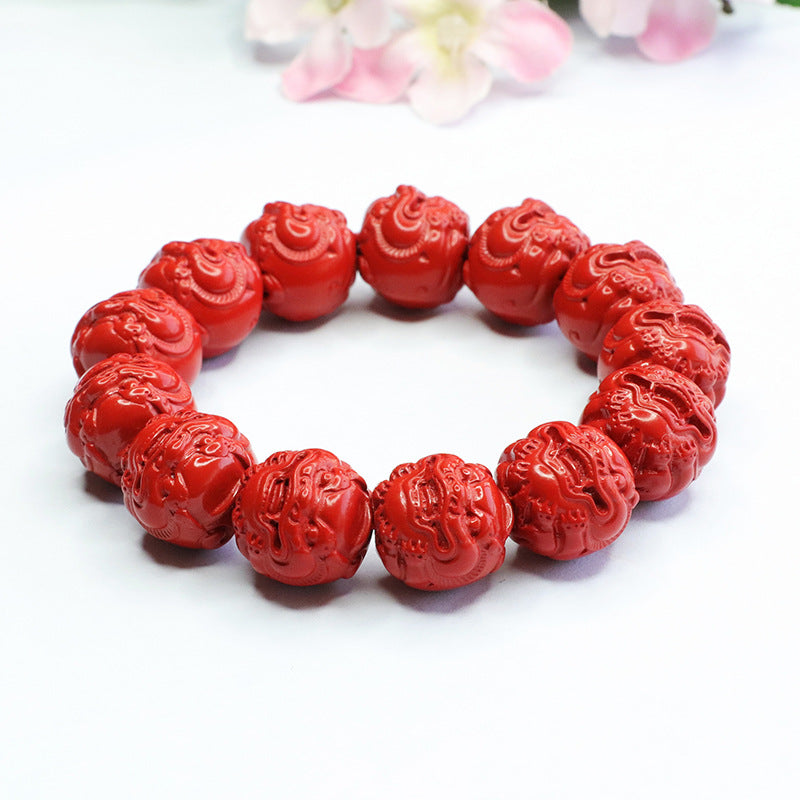 Red Sand Pixiu Head Sterling Silver Bracelet with Cinnabar Stone