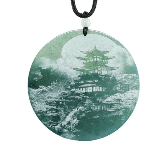 Round Natural Jade Pendant with Blue Green Shadow Landscape Carving