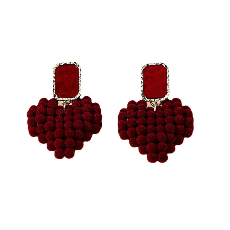 European and American Instagram Red Flocking Love Earrings for Women's New Year Celebration Plush Earrings with Gentle Temperament Earrings and Earrings