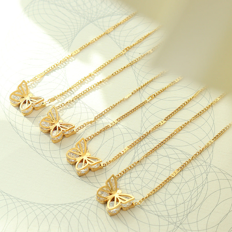 Luxurious Butterfly Zircon Gold-Plated Necklace with Titanium Steel Chain